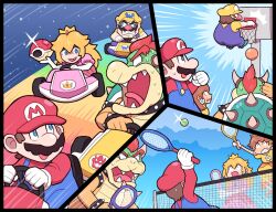2girls 3boys :d ass ayyk92 ball basketball bowser day driving facial_hair gloves grin holding holding_shell horns mario mario_(series) mario_basketball_3on3 mario_kart mario_tennis motor_vehicle multiple_boys multiple_girls mustache nintendo open_mouth overalls princess_daisy princess_peach racket rainbow_road red_hair red_headwear sharp_teeth shell slam_dunk_(basketball) smile spiked_shell steering_wheel sweat teeth tennis tennis_racket tongue tongue_out wario white_gloves