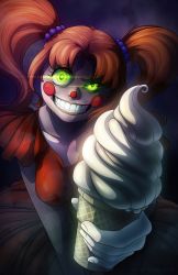 1girl blush_stickers breasts circus_baby_(fnaf) clown colored_skin creepy dessert female_focus five_nights_at_freddy&#039;s five_nights_at_freddy&#039;s:_sister_location food glowing glowing_eyes green_eyes highres holding ice_cream looking_at_viewer orange_hair robot ryuudaiga short_hair simple_background smile solo teeth twintails white_skin