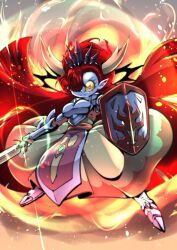1girl armor arms_up breast_armor breasts cocco_(cocco1192) colored_sclera colored_skin disney dress eyelashes female_focus fighting_stance fire floating_hair hair_over_one_eye hekapoo holding holding_shield holding_sword holding_weapon horns knight looking_at_viewer medium_breasts monster_girl no_humans orange_eyes plate_armor red_hair shield solo sparkle standing star_vs_the_forces_of_evil sword weapon white_skin yellow_dress yellow_sclera