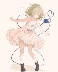 1girl absurdres alternate_costume ankle_boots black_boots blue_bow boots bow brown_background collarbone commentary_request dress full_body green_hair heart heart_of_string highres iris-san komeiji_koishi outstretched_arms simple_background sleeveless sleeveless_dress solo spaghetti_strap spread_arms standing sundress third_eye touhou white_dress