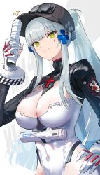 1girl baseball_cap baton_(weapon) black_hat black_shrug blue_hair blunt_bangs bodysuit breasts character_name cleavage commentary cross_hair_ornament english_commentary girls&#039;_frontline girls&#039;_frontline_2:_exilium gloves green_eyes hair_ornament hand_on_own_hip hat highres hk416_(girls&#039;_frontline) holding holding_baton_(weapon) klukai_(girls&#039;_frontline_2) klukai_(speed_star)_(girls&#039;_frontline_2) large_breasts long_hair long_sleeves looking_at_viewer niac notice_lines official_alternate_costume ponytail shrug_(clothing) sidelocks simple_background smile solo standing tattoo teardrop_facial_mark teardrop_tattoo very_long_hair weapon white_background white_bodysuit white_gloves