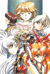 Rule 34 | 1990s (style), 1boy, 5girls, ahoge, armor, bare shoulders, blonde hair, blue eyes, blush, breastplate, cape, circlet, closed eyes, crotch plate, dieharte (langrisser), double bun, donut hair bun, dual wielding, fantasy, fighting stance, flare (langrisser), glint, greaves, grey hair, hair between eyes, hair bun, hair ribbon, headband, highres, holding, langrisser, langrisser iii, liffany (langrisser), light particles, light smile, long hair, looking at viewer, luna (langrisser), mole, mole under eye, multiple girls, non-web source, official art, orange hair, parted bangs, parted lips, red eyes, red hair, retro artstyle, ribbon, short hair, smile, sophia (langrisser), spiked hair, standing, sword, tiaris (langrisser), turtleneck, twintails, urushihara satoshi, vambraces, weapon, white hair