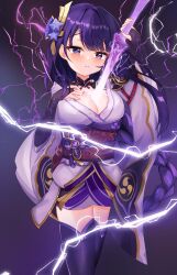1girl absurdres blush breasts bridal_gauntlets cleavage closed_mouth commentary_request electricity feet_out_of_frame genshin_impact gloves hair_ornament hand_on_own_chest highres holding holding_sword holding_weapon japanese_clothes katana kimono large_breasts long_hair low-braided_long_hair low-tied_long_hair mole mole_under_eye musou_isshin_(genshin_impact) obi purple_background purple_eyes purple_gloves purple_hair purple_kimono purple_thighhighs raiden_shogun red_sash sash short_kimono solo sword sword_between_breasts thighhighs very_long_hair weapon wide_sleeves yuki_(best010409)