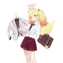 1girl ama_mitsuki angel_wings bag black_bow black_bowtie blonde_hair bow bowtie closed_mouth clothes_hanger crown hair_ornament halo holding long_sleeves looking_at_viewer mini_crown plaid_clothes plaid_skirt red_skirt school_bag shirt simple_background skirt solo twintails uchi_no_hime-sama_ga_ichiban_kawaii uriela_(uchihime) white_background white_shirt wings yellow_eyes