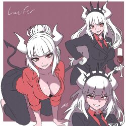 1girl black_tail blush border breasts business_suit contrapposto cup demon_girl demon_horns demon_tail drinking_glass formal_clothes gloves hairband helltaker highres holding horns large_breasts long_hair looking_at_viewer lucifer_(helltaker) mole mole_under_eye necktie red_eyes red_shirt shirt smile spiked_hairband spikes suit tail white_border white_hair white_horns windriftdraws wine_glass