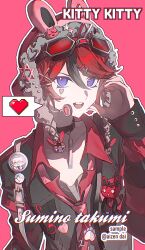 1boy :d aizendai animal_ears aotsuki_eito blue_eyes character_name character_pin chinese_commentary english_text facial_mark fake_animal_ears goggles goggles_on_head hat heart heart_facial_mark hexagram highres looking_at_viewer male_focus microphone open_mouth outline rabbit_ears red_background red_hair short_hair smile solo spoken_heart star_of_david sumino_takumi teeth the_hundred_line_-last_defense_academy- twitter_username upper_body upper_teeth_only white_outline