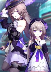 2girls absurdres aviary bare_shoulders beret black_hat blurry blurry_background breasts choker closed_mouth clothing_cutout commentary cowboy_shot detached_sleeves dress flower grey_hair grey_pantyhose hand_up hat hat_flower herta_(honkai:_star_rail) herta_(puppet)_(honkai:_star_rail) highres honkai:_star_rail honkai_(series) long_hair long_sleeves multiple_girls open_mouth pantyhose purple_choker purple_eyes purple_flower revision shoulder_cutout small_breasts smile standing the_herta_(honkai:_star_rail) very_long_hair witch_hat