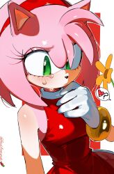 1girl ? amy_rose animal_nose artist_name bracelet closed_mouth commentary dress english_commentary flower fruitcrunchi gloves green_eyes hairband heart hedgehog_girl highres jewelry pink_fur red_dress red_hairband sleeveless sleeveless_dress solo sonic_(series) spoken_heart tears white_gloves yellow_flower