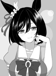1girl absurdres animal_ears astroglia_cyte blush bob_cut bow bowtie closed_mouth ear_scrunchie eishin_flash_(umamusume) greyscale half-closed_eyes hand_in_own_hair highres horse_ears horse_girl horseshoe_ornament looking_at_viewer monochrome school_uniform serafuku short_sleeves smile solo tracen_school_uniform umamusume upper_body