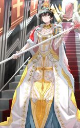 1girl alternate_costume backlighting bambietta_basterbine black_hair bleach bleach:_sennen_kessen-hen breasts brown_eyes cape cleavage commentary cross cross_earrings cross_print crown deadman70232800 dress earrings english_commentary feet_out_of_frame formal_clothes full_body fur-trimmed_cape fur_trim gem hair_between_eyes highres holding indoors jewelry juliet_sleeves large_breasts light_smile long_dress long_hair long_sleeves looking_at_viewer puffy_sleeves queen red_cape red_gemstone solo stairs standing throne v-shaped_eyebrows white_dress