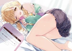 Rule 34 | 1girl, ;d, bare legs, barefoot, bed sheet, black ribbon, black skirt, blonde hair, braid, cellphone, cellphone photo, fujita kotone, gakuen idolmaster, hair ribbon, holding, holding phone, idolmaster, jacket, jacket partially removed, long hair, looking at viewer, lying, multicolored jacket, nyorotono (amafurashi), on back, one eye closed, open mouth, phone, plaid clothes, plaid skirt, ribbon, skirt, smile, solo, strap slip, sweatdrop, twin braids, yellow eyes