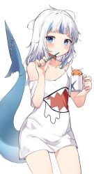 1girl ahoge averting_eyes blue_eyes blue_hair blunt_bangs blush_stickers brushing_teeth commentary cowboy_shot cup ebi-chan_(gawr_gura) fins fish_tail gawr_gura highres holding holding_cup holding_toothbrush hololive hololive_english medium_hair mug multicolored_hair off_shoulder orobou oversized_clothes oversized_shirt shark_girl shark_print shark_tail shirt short_sleeves shrimp simple_background streaked_hair tail tail_raised toothbrush toothbrush_in_mouth unkempt virtual_youtuber white_background white_hair white_shirt
