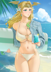 1girl bare_shoulders bikini blonde_hair blue_jacket blush breasts cleavage fire_emblem fire_emblem:_three_houses gradient_hair green_eyes highres jacket large_breasts long_hair long_sleeves multicolored_hair navel nintendo seiros_(fire_emblem) sendo_(sendrawz) solo surfboard swimsuit white_bikini winged_headwear