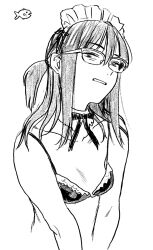 1girl bow bra breasts clenched_teeth collarbone detached_collar disgust fish_(symbol) glasses greyscale hair_over_shoulder hatimoto highres looking_at_viewer looking_down maid_headdress medium_hair monochrome one_side_up original over-rim_eyewear semi-rimless_eyewear sketch small_breasts teeth underwear underwear_only upper_body white_background