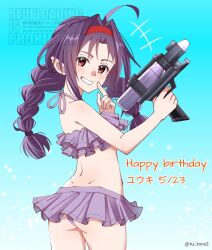 Rule 34 | 1girl, ahoge, ass, bikini, blue background, blush, braid, dated, from behind, hairband, happy birthday, highres, holding, holding water gun, long hair, looking at viewer, looking back, pointy ears, purple bikini, purple hair, red eyes, red hairband, smile, solo, swimsuit, sword art online, tu tora2, twin braids, twitter username, water gun, yuuki (sao)