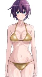 1girl absurdres armpit_crease bikini blue_eyes breasts closed_mouth collarbone gold_bikini groin highres kakukakusan looking_at_viewer medium_breasts monogatari_(series) navel purple_hair senjougahara_hitagi simple_background solo stomach swimsuit thigh_gap white_background