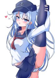 Rule 34 | 1girl, absurdres, anchor symbol, black sailor collar, black thighhighs, blue eyes, blush, flat cap, flexible, grey hair, hair between eyes, hat, hibiki (kancolle), highres, kantai collection, leg up, long hair, long sleeves, looking at viewer, neckerchief, open mouth, otama (otama ladle23), panties, pleated skirt, red neckerchief, sailor collar, school uniform, serafuku, skirt, smile, solo, split, standing, standing on one leg, standing split, thighhighs, underwear, white panties