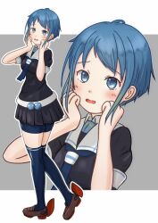 Rule 34 | 1girl, bike shorts under skirt, black gloves, black skirt, blonde hair, blue eyes, blue hair, blue shorts, blue thighhighs, breasts, brown shoes, dolphins3ino, gloves, gradient hair, highres, kantai collection, loafers, medium breasts, miniskirt, multicolored hair, original remodel (kantai collection), pleated skirt, samidare (kancolle), shoes, short hair, short sleeves, shorts, skirt, thighhighs, zoom layer