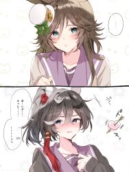 ... 2girls absurdres ahoge animal_ears arrow_through_heart averting_eyes black_cardigan black_hair blue_eyes blush brown_hair cardigan commentary_request ear_covers hair_between_eyes hair_ornament heart highres horse_ears horse_girl katsuragi_ace_(umamusume) long_hair mr._c.b._(umamusume) multicolored_hair multiple_girls sailor_collar speech_bubble spoken_ellipsis streaked_hair tassel tassel_hair_ornament tetora_(oudonoishiize) translation_request umamusume upper_body white_hair yuri