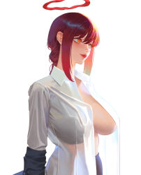 1girl absurdres black_pants breasts chainsaw_man commentary halo highres large_breasts makima_(chainsaw_man) open_clothes open_shirt orange_eyes pants red_hair red_halo shirt solo upper_body white_background white_shirt wonbin_lee
