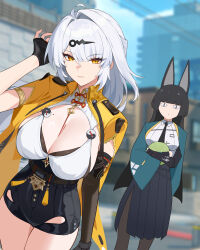 &lt;|&gt;_&lt;|&gt; 2girls absurdres ahoge animal_ears black_eyes black_gloves black_hair black_necktie black_pantyhose black_shorts black_skirt blunt_bangs blurry blurry_background breast_envy breasts city cleavage closed_mouth collared_shirt commentary cowboy_shot day feet_out_of_frame fingerless_gloves food fox_ears fox_girl fruit gloves green_jacket hair_between_eyes hair_ornament high-waist_shorts highres hoshimi_miyabi jacket large_breasts long_hair looking_at_viewer melon mole mole_on_chest multiple_girls necktie outdoors pantyhose peacekeeper.45 pleated_skirt shiny_skin shirt shorts single_hair_intake skirt solo_focus standing symbol-only_commentary tassel very_long_hair white_hair white_shirt yellow_eyes yellow_jacket yixuan_(zenless_zone_zero) yin_yang_pin zenless_zone_zero