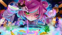 arm_up artist_name banana blue_streaks blurry blurry_background bow bubble commentary cup dripping everylunaever eyelashes fingerless_gloves flask food freckles fruit gears gloves green_eyes hair_ornament heterochromia highres holding holding_cup indie_virtual_youtuber lif_(lifoxcious) long_sleeves mascot multicolored_hair pineapple pink_hair pink_nails potion round-bottom_flask short_hair squinting star_(symbol) streaked_hair upper_body virtual_youtuber