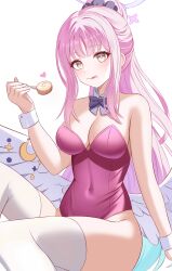 1girl :q absurdres alternate_costume alternate_hairstyle blue_archive blue_bow blue_bowtie bow bowtie breasts cake cleavage commentary covered_navel detached_collar feathered_wings food food_on_face gradient_eyes halo heart highres kenomotsu_yukuwa large_breasts leotard long_hair looking_at_viewer low_wings mika_(blue_archive) multicolored_eyes pink_hair pink_halo pink_leotard playboy_bunny ponytail simple_background sitting solo strapless strapless_leotard swiss_roll thighhighs thighs tongue tongue_out white_background white_thighhighs white_wings white_wrist_cuffs wings wrist_cuffs yellow_eyes