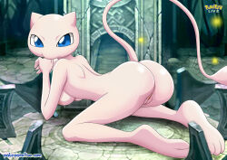 1girl ass bbmbbf blue_eyes breasts colored_skin female_focus furry furry_female gen_1_pokemon hands_on_chin highres humanization legendary_pokemon long_tail looking_at_viewer mew_(pokemon) mythical_pokemon nintendo palcomix pink_fur pink_skin pokemon pokepornlive solo tail