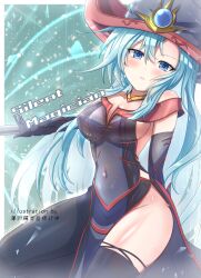 Rule 34 | 1girl, absurdres, artist name, black dress, black gloves, black thighhighs, blue eyes, blue hair, blush, breasts, character name, dress, duel monster, elbow gloves, gloves, hat, highres, long hair, looking at viewer, no bra, official alternate costume, parted lips, side slit, sideboob, silent magician, silent magician (art works monsters), thighhighs, usuba kagerou (shougyouchu), wizard hat, yu-gi-oh!