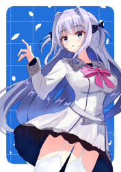 Rule 34 | 1girl, 9-nine-, belt, black bow, blue background, blue eyes, blunt bangs, blush, border, bow, bowtie, breasts, commentary, cowboy shot, dress, eyelashes, eyes visible through hair, falling petals, floating hair, frilled dress, frills, grey belt, hair bow, hair intakes, hair ornament, hakusen academy school uniform, hand up, highres, impossible clothes, kousaka haruka, large breasts, long hair, long sleeves, nowa2109, open mouth, outside border, petals, pink bow, pink bowtie, polka dot, polka dot bow, purple hair, school uniform, short dress, sidelocks, simple background, solo, straight hair, thighhighs, two side up, very long hair, white border, white dress, white thighhighs, zettai ryouiki