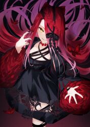 1girl absurdres black_dress braid bug butterfly commentary dress fate/grand_order fate_(series) highres insect izanaware_game long_hair looking_at_viewer naughty_face red_hair red_nails solo typhon_ephemeros_(fate) typhon_ephemeros_(second_ascension)_(fate) very_long_hair yellow_eyes