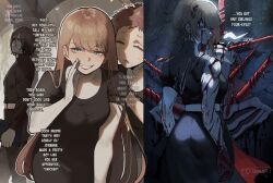 1boy 2girls aged_down blood blood_on_face bloodlight_(nyantcha) breasts commentary demon english_commentary english_text gloves grin highres injury long_hair multiple_girls nun nyantcha original pixie_cut smile speech_bubble teeth toned tonia_(nyantcha) torn_clothes white_gloves