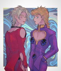 2boys aqua_eyes arm_cutout belt black_belt blonde_hair braid cleavage_cutout clothing_cutout colored_eyelashes curtained_hair earrings film_grain hair_between_eyes hand_in_pocket highres jacket jewelry jojo_no_kimyou_na_bouken ladybug_ornament long_hair male_focus medium_hair multiple_boys pannacotta_fugo pants parted_bangs pectoral_cleavage pectorals pink_eyes purple_jacket purple_pants red_pants red_shirt shirt shoulder_cutout t_0nd thigh_cutout vento_aureo victory_rolls white_hair