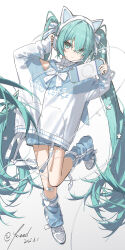 1girl absurdres animal_ear_headphones animal_ears blue_eyes blue_hair blue_skirt blue_socks bow cat_ear_headphones closed_mouth crossed_bangs fake_animal_ears hair_between_eyes handheld_game_console hatsune_miku headphones highres holding holding_handheld_game_console jacket kieed long_hair looking_at_viewer loose_socks shoes sidelocks skirt smile socks solo standing standing_on_one_leg twintails vocaloid white_bow white_jacket white_shoes