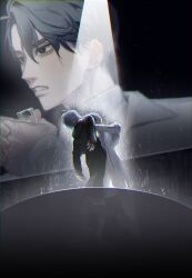 2boys absurdres alien_stage black_eyes black_hair black_pants black_shirt coat commentary fingerless_gloves garutanachi gloves grey_hair highres holding holding_microphone ivan_(alien_stage) long_sleeves male_focus microphone multiple_boys pants rain red_gloves red_pupils shirt short_hair spotlight strangling till_(alien_stage) very_short_hair white_coat white_pants