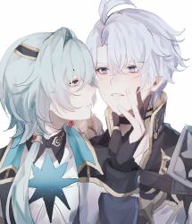 2boys anaxa_(honkai:_star_rail) aqua_hair fz7047 gloves grey_hair hair_between_eyes hand_up highres honkai:_star_rail honkai_(series) looking_to_the_side male_focus multiple_boys parted_lips partially_fingerless_gloves phainon_(honkai:_star_rail) pink_pupils short_hair side_ponytail simple_background solo teeth upper_body white_background yaoi