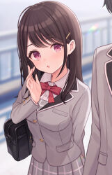 1boy 1girl :o bag blazer blurry blurry_background bow brown_hair buttoned_cuffs buttons collared_shirt commentary_request copyright_request depth_of_field dress_shirt fujishiro_noa grey_jacket grey_skirt hair_ornament hairclip hand_up highres jacket koibana_kore_wa_tomodachi_no_hanashi_nandakedo long_hair long_sleeves looking_at_viewer official_art parted_lips pleated_skirt purple_eyes red_bow school_bag school_uniform sedaka_souta shiromikan shirt sidelocks skirt white_shirt