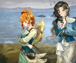 2girls absurdres black_hair blue_shirt blue_vest closed_mouth crossed_arms finger_on_trigger from_side grass green_eyes green_hairband grey_sky gun hair_ornament hairband handgun hat hat_on_back highres holding holding_gun holding_weapon long_hair looking_at_another looking_back lopera_(reverse:1999) medium_hair moldir_(reverse:1999) mountainous_horizon multiple_girls orange_hair outdoors overcast parted_lips profile rain reverse:1999 rock shirt siblings side_ponytail simple_bird sisters skirt sky step-siblings straw_hat upper_body vest water weapon white_shirt white_skirt wu_fuzuoyong yellow_eyes yellow_hat