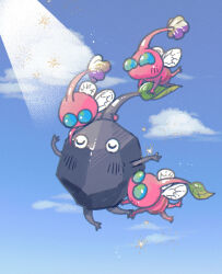 Rule 34 | asaikaina, black skin, blue eyes, blue sky, closed eyes, cloud, colored skin, creature, creature focus, flower, flying, happy, insect wings, leaf, light blush, light particles, nintendo, no humans, no mouth, pikmin (creature), pikmin (series), pink skin, purple flower, rock, rock pikmin, sky, solid circle eyes, sparkle, spotlight, winged pikmin, wings
