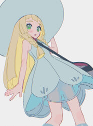 1girl :o absurdres bag blonde_hair braid dress duffel_bag from_below fua1heyvot4ifsr green_eyes hat highres lillie_(pokemon) long_hair looking_at_viewer nintendo open_mouth pokemon pokemon_sm shoulder_bag sleeveless sleeveless_dress solo twin_braids white_background white_dress white_hat