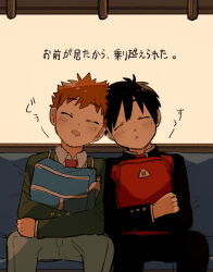 2boys bag black_hair blazer borrowed_character check_commentary commentary_request drooling gakuran highres holding holding_bag jacket male_focus mouth_drool multiple_boys necktie orange_hair original red_necktie school_uniform sleeping sleeping_upright train_interior yukkeroro