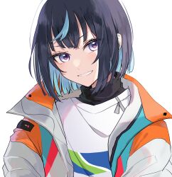 1boy ensemble_stars! hair_between_eyes head_tilt highres jacket looking_at_viewer male_focus medium_hair multicolored_hair multicolored_jacket open_clothes open_jacket pomemi print_shirt purple_eyes sagiri_esu shirt simple_background smile solo turtleneck two-tone_hair upper_body white_background