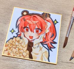 1girl a.i._voice adachi_rei art_tools_in_frame chicken_(food) drooling food fried_chicken hands_on_own_cheeks hands_on_own_face headlamp highres long_sleeves medium_hair mouth_drool nupi_(tpshye7d2k42552) one_side_up open_mouth orange_eyes orange_hair shikishi smile solo sparkle thick_outlines traditional_media upper_body utau