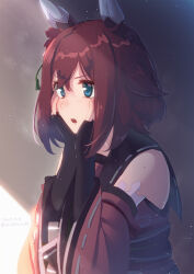 1girl animal_ears aqua_eyes black_gloves brown_hair commentary_request detached_sleeves ear_covers fingerless_gloves flower gloves hair_flower hair_ornament hands_on_own_cheeks hands_on_own_face horse_ears horse_girl looking_afar obi open_mouth sailor_collar sakura_chiyono_o_(umamusume) sash shade shirt short_hair sleeveless sleeveless_shirt solo takuzui umamusume upper_body v-shaped_eyebrows