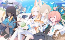 Rule 34 | 6+girls, :d, :o, absurdres, ahoge, akane (blue archive), akane (school uniform) (blue archive), animal ear fluff, animal ears, asuna (blue archive), asuna (school uniform) (blue archive), bench, black-framed eyewear, black hair, black nails, black socks, blue archive, blue eyes, blue halo, blue scrunchie, blue skirt, braid, brown shoes, cellphone, cleaning &amp; clearing (blue archive), closed mouth, clothes around waist, collared shirt, commentary, copyright logo, copyright notice, corn dog, cup, dark-skinned female, dark skin, day, dress, english commentary, fang, food, fox ears, fox girl, glasses, green halo, grin, hair over one eye, halo, highres, holding, holding cup, holding food, holding phone, hot dog, hug, hukahire0120, karin (blue archive), karin (school uniform) (blue archive), long hair, long sleeves, multiple girls, nail polish, neru (blue archive), neru (school uniform) (blue archive), official art, on bench, open clothes, open mouth, open shirt, outdoors, pantyhose, phone, pleated skirt, purple halo, red eyes, red hair, school uniform, scrunchie, second-party source, seia (blue archive), shirt, shoes, short hair, single braid, sitting, skin fang, skirt, sleeves past fingers, sleeves past wrists, smartphone, smile, socks, squatting, standing, toki (blue archive), toki (school uniform) (blue archive), white dress, white pantyhose, white shirt, wrist scrunchie, yellow eyes, yellow halo