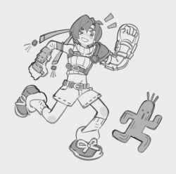 &gt;_o 1girl armor belt belt_buckle breasts buckle cactus chest_strap clenched_hand crop_top final_fantasy final_fantasy_vii full_body greyscale grin headband highres imitating japanese_armor jaysoysaucee loose_socks medium_breasts midriff monochrome navel one_eye_closed pauldrons sabotender shoes short_hair shorts shoulder_armor single_bare_shoulder single_pauldron sketch sleeveless sleeveless_turtleneck smile sneakers socks solo teeth turtleneck yuffie_kisaragi