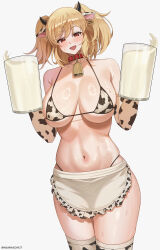 1girl :d absurdres animal_ears animal_print apron bell bikini blonde_hair breasts breasts_apart burnice_white collar cow_ears cow_print cow_print_bikini cow_print_gloves cow_print_thighhighs cup elbow_gloves eyewear_on_head fake_animal_ears gloves highres holding holding_cup huge_breasts large_breasts looking_at_viewer milk nannachu7 navel neck_bell open_mouth price_tag print_bikini print_gloves print_thighhighs red_collar red_eyes simple_background skirt smile solo stomach swimsuit thighhighs tongue waist_apron white_background zenless_zone_zero