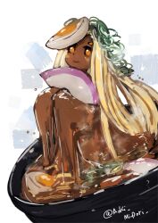 aoki_midori_(artist) blonde_hair bowl brown_eyes closed_mouth commentary_request curry dark-skinned_female dark_skin food highres in_bowl in_container knees long_hair mini_person minigirl monster_girl noodles original sitting slime_girl smile soba twitter_username white_background