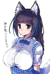 1girl animal_ear_fluff animal_ears apron black_hair blue_apron blue_bow blue_bowtie blue_hair blue_skirt bow bowtie breasts checkered_apron checkered_clothes displayer employee_uniform gingham gingham_apron hair_ornament hairclip high-waist_skirt highres hirowa_nagi kobeya_uniform large_breasts light_blush multicolored_hair plaid_apron plaid_clothes pleated_shirt ponytail skirt smile solo streaked_hair tail tented_shirt virtual_youtuber waitress wolf_ears wolf_girl wolf_tail yoshibana_kokoro