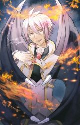 Rule 34 | 1boy, artist name, ascot, asmodeus alice, demon boy, demon wings, hair between eyes, hand up, highres, looking at viewer, mairimashita! iruma-kun, open mouth, pink hair, pointy ears, red nails, senjoh maiko, short hair, solo, vest, white ascot, white vest, wings